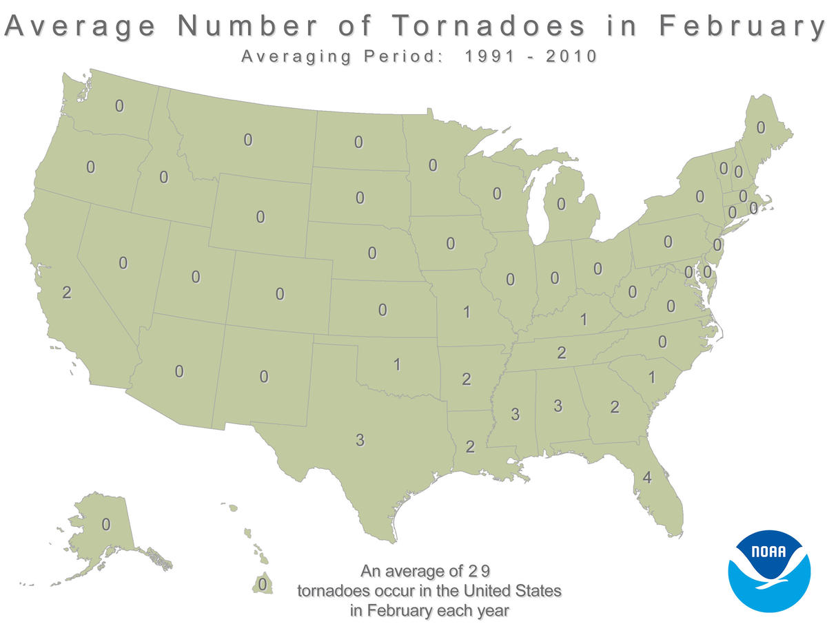 Map of average number of February tornadoes in the United States