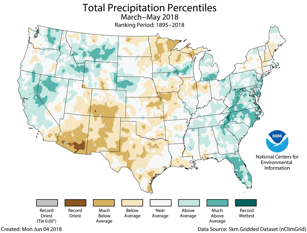 Map of March to May 2018 U.S. total precipitation percentiles