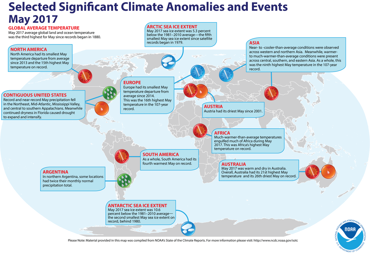 Map of global selected significant climate anomalies and events for May 2017