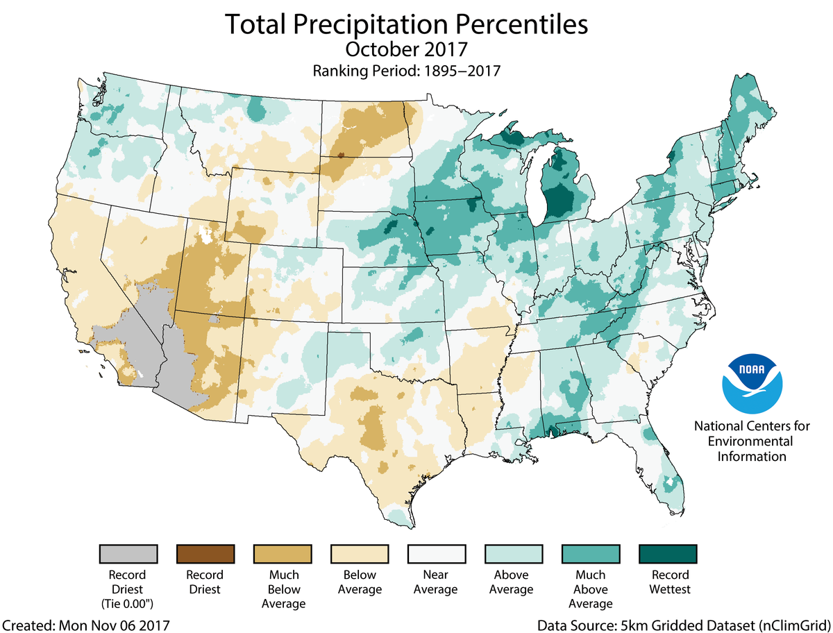 Map of October 2017 U.S. total precipitation percentiles