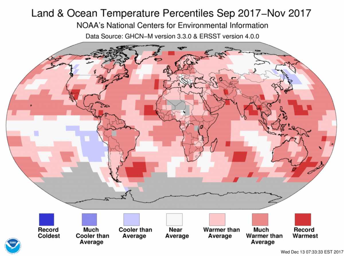 Map of global temperature percentiles for September to November 2017
