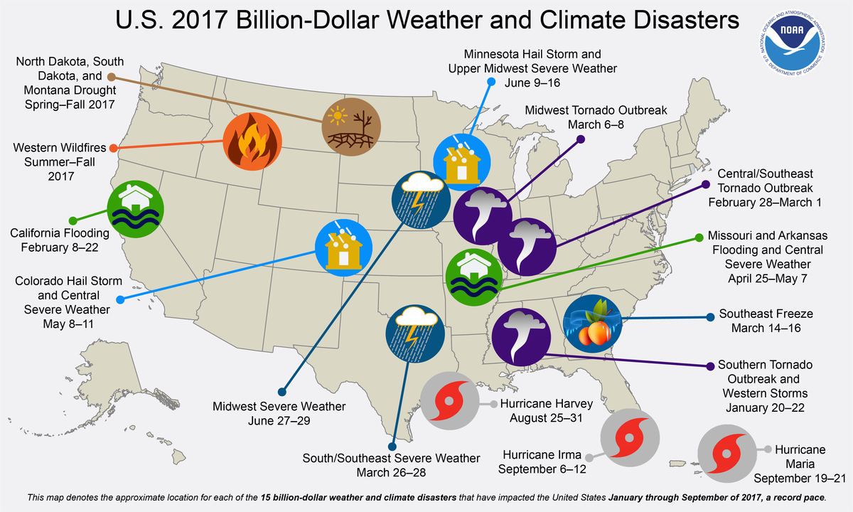 Map of U.S. billion-dollar disasters occurring from January through September 2017
