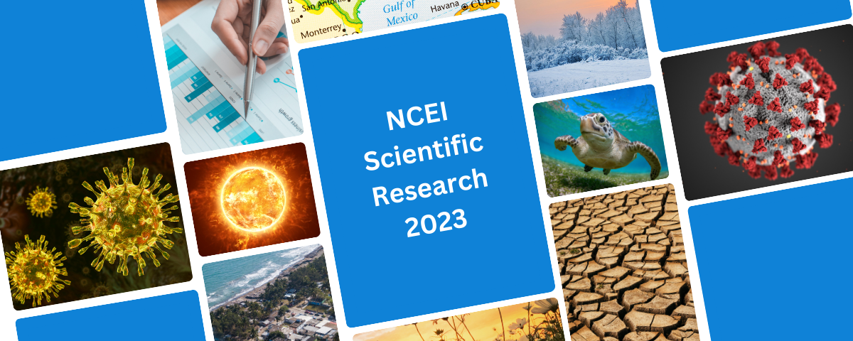 Collage representing NCEI scientific research topics in 2023. From left to right: yellow colored spores, the sun, Gulf of Mexico shoreline, pale hand holding a pen, spring meadow, snowy landscape, sea turtle swimming, cracked earth, and red spore with black center.