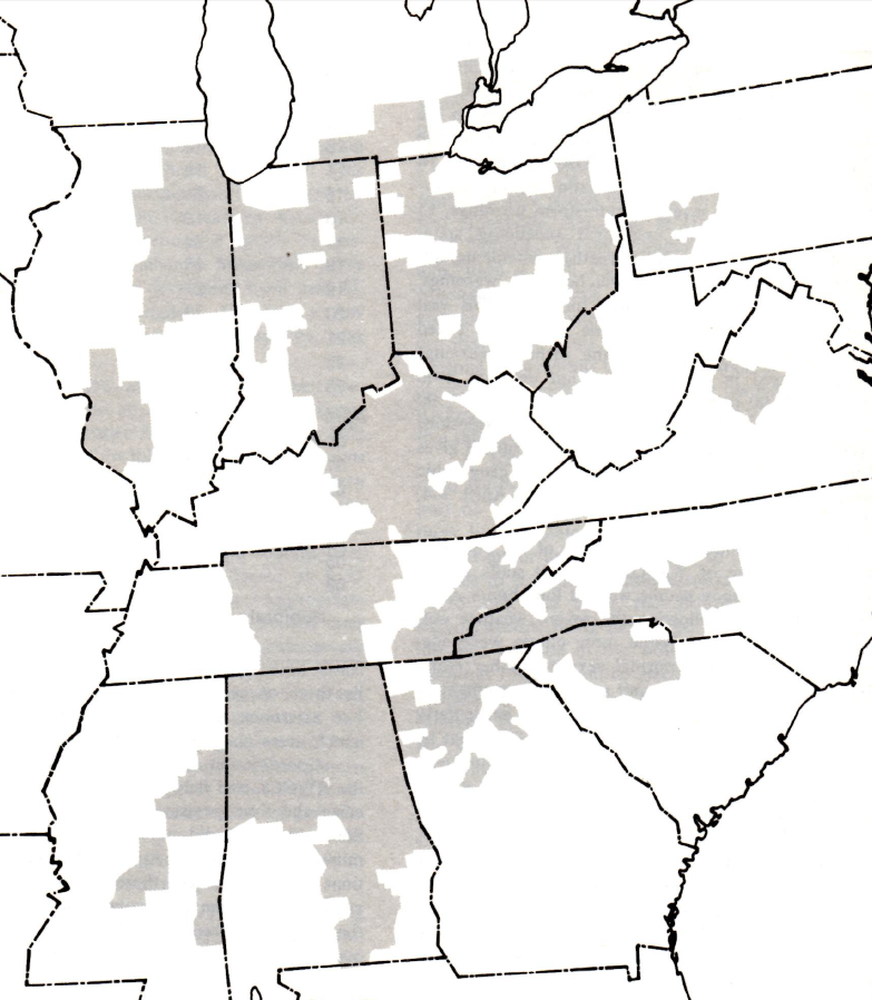 Black and white map of much of the eastern U.S. with counties for which tornado warnings were issued during the Super Outbreak of 1974 highlighted in gray (counties cover 13 U.S. states).