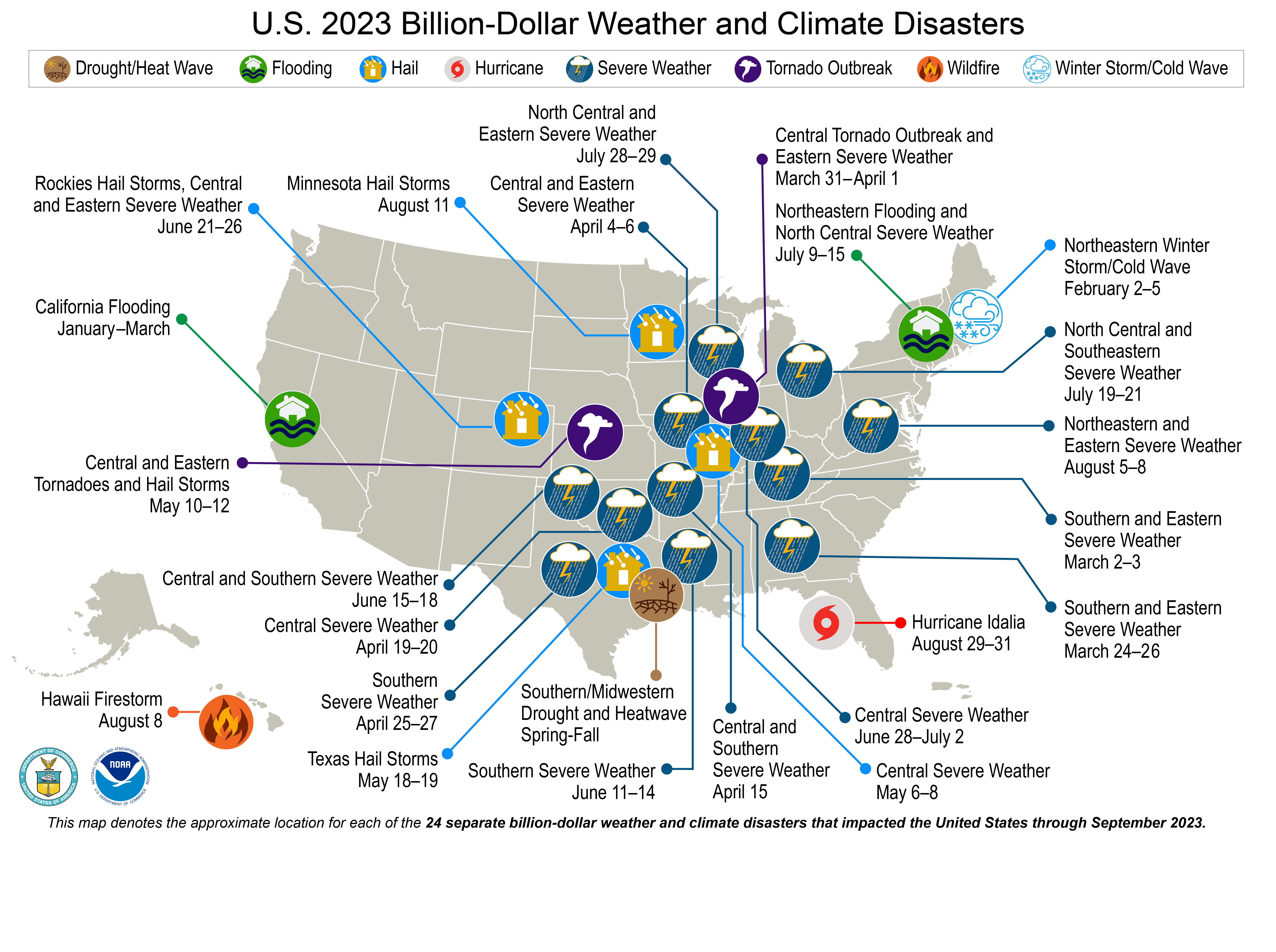 Alt text: Map of the U.S. explaining all billion-dollar disasters that have occurred from January to September 2023.