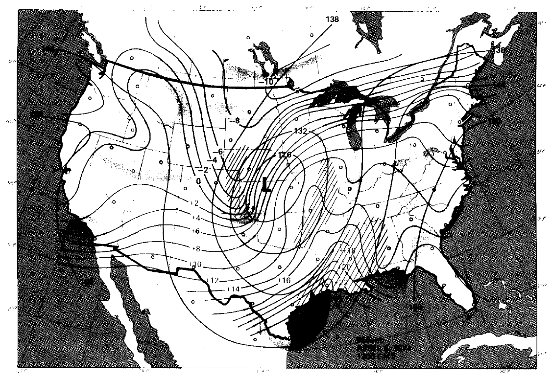 Black and white map of the continental U.S. 850mb analysis from 1200 GMT April 3, 1974 with contours showing height and temperature and hatching showing areas with wind speeds greater than 50kt (~58mph). An “L” marks the center of a strong low pressure system centered over northern Kansas.