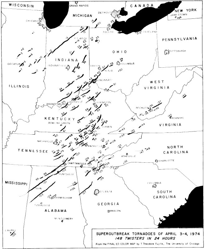 Map of U.S. states impacted by tornadoes in the tornado Super Outbreak of 1974 with 148 tornado tracks plotted as lines from April 3–4, 1974.