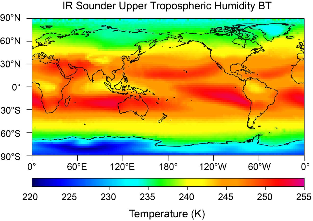 Sample product image of NOAA CDR, IR Sounder Upper Tropospheric Humidity Brightness Temperatures. It depicts the tropospheric humidity, in Kelvin, across a Mercator map indicating higher levels of brightness across the central portions of the projection.