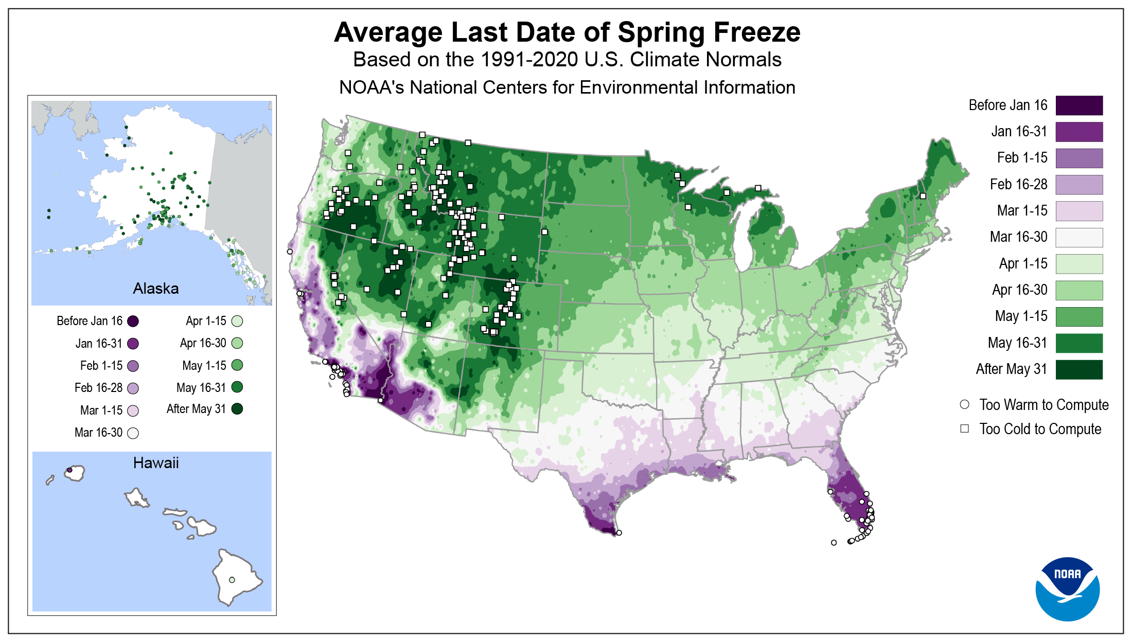 The Average Last Date of Spring Freeze map based on the 1991–2020 U.S. Climate Normals with the contiguous U.S., Alaska, and Hawaii. 