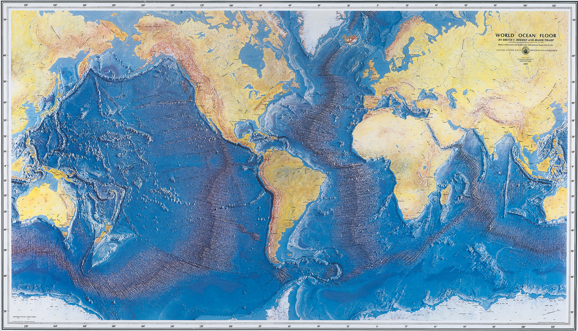 Tharp’s work represented the first systematic attempt to map the entire ocean floor. The World Ocean Floor map was published in 1977 by the Office of Naval Research and is still in wide use today.