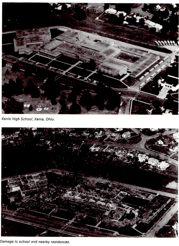 Aerial black and white photos of the large Xenia High School in Xenia, Ohio and nearby residences before (top) and after (bottom) a direct hit from an F5 tornado on April 3, 1974. The bottom photo after the tornado shows total destruction of almost all structures and scattered debris.