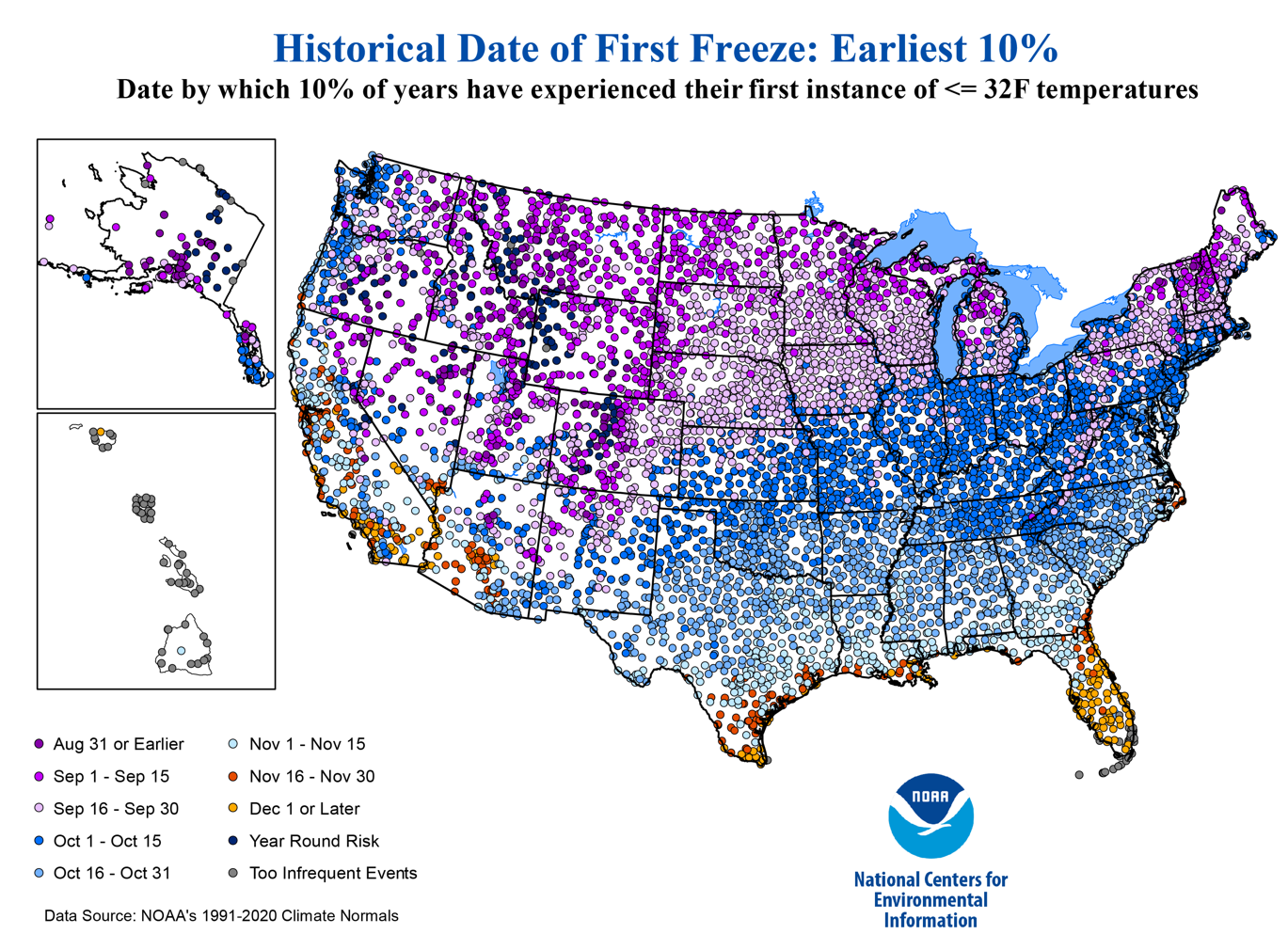 Alt text: A map of the United States with different colored dots and coordinating key to graph the Earliest 10% average date of the first fall freeze based on location.