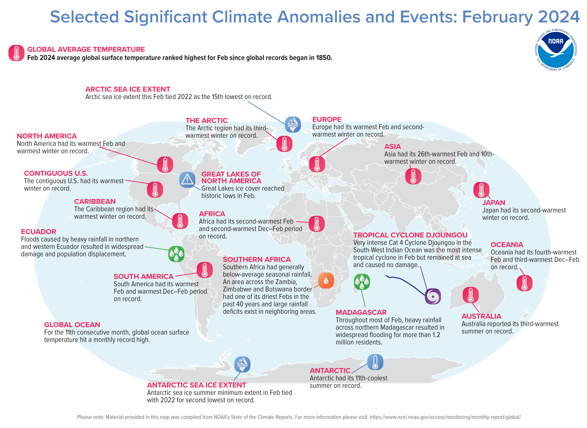 Map of world showing locations of significant climate anomalies and events in February 2024 with text describing each event and title at top stating “Selected Significant Climate Anomalies and Events: February 2024”. 