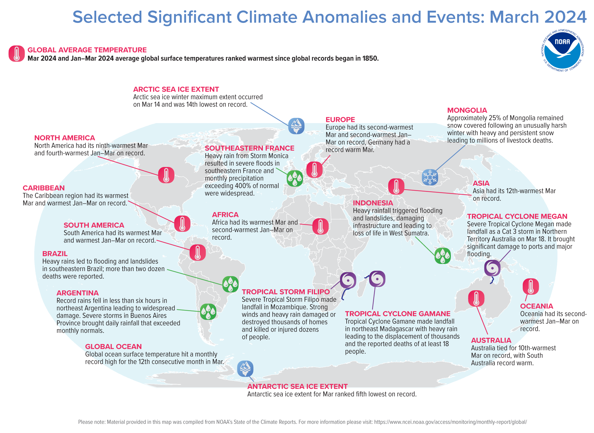 Map of the world showing locations of significant climate anomalies and events in March 2024 with text describing each event and title at top stating "Selected Significant Climate Anomalies and Events: March 2024".