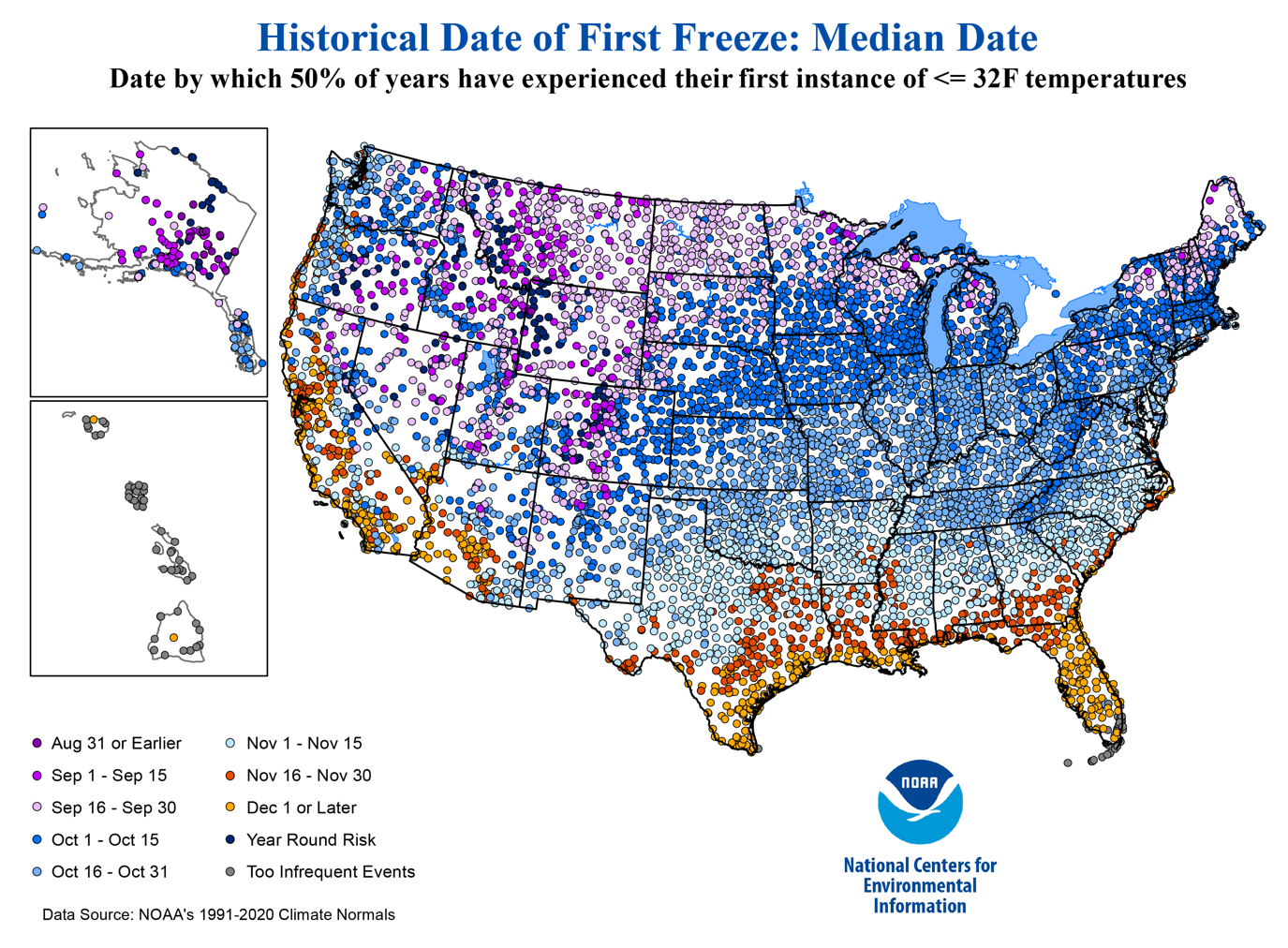 Alt text: A map of the United States with different colored dots and coordinating key to graph the average date of the first fall freeze based on location.