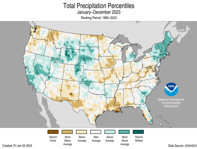 Map of the U.S. showing precipitation percentiles for Annual 2023 with wetter areas in gradients of green and drier areas in gradients of brown.