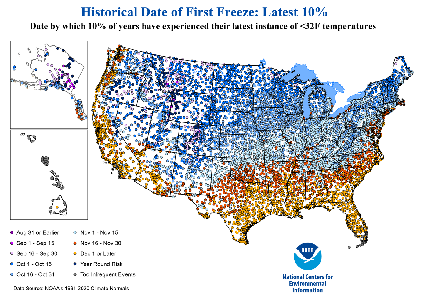 Alt text: A map of the United States with different colored dots and coordinating key to graph the Latest 10% average date of the first fall freeze based on location.