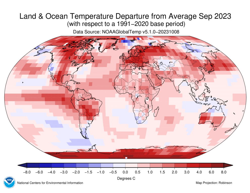 Map of the world showing land/ocean temperature departures from average for September 2023 with warmer areas in gradients of red and cooler areas in gradients of blue.