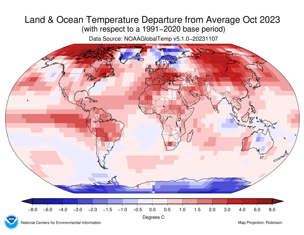 Map of the world showing land/ocean temperature departures from average for October 2023 with warmer areas in gradients of red and cooler areas in gradients of blue.