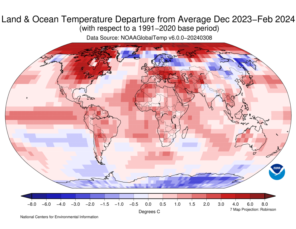 Map of the world showing land/ocean temperature departures from average for December 2023 through February 2024 with warmer areas in gradients of red and cooler areas in gradients of blue.