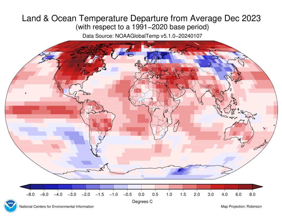 Map of the world showing land/ocean temperature departures from average for December 2023 with warmer areas in gradients of red and cooler areas in gradients of blue.