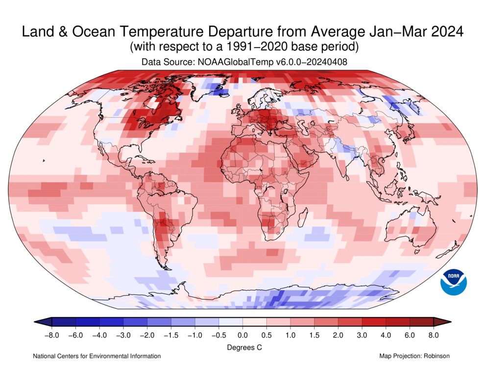 Map of the world showing land/ocean temperature departures from average for January 2024-March 2024 with warmer areas in gradients of red and cooler areas in gradients of blue.