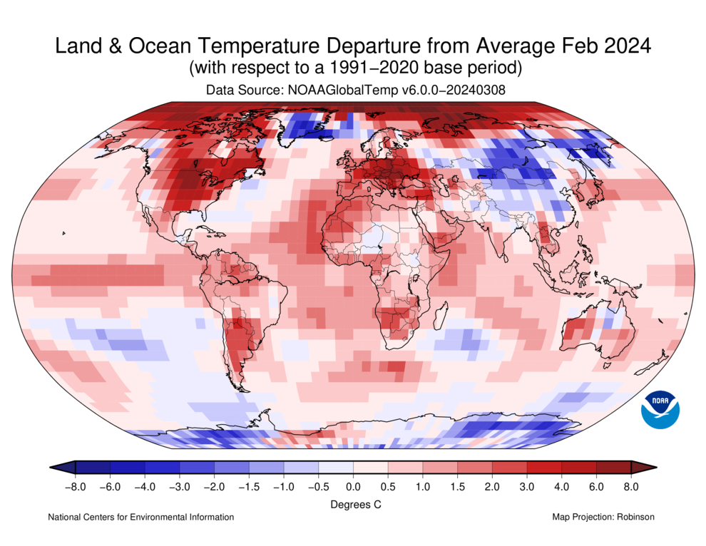Map of the world showing land/ocean temperature percentiles for February 2024 with warmer areas in gradients of red and cooler areas in gradients of blue.