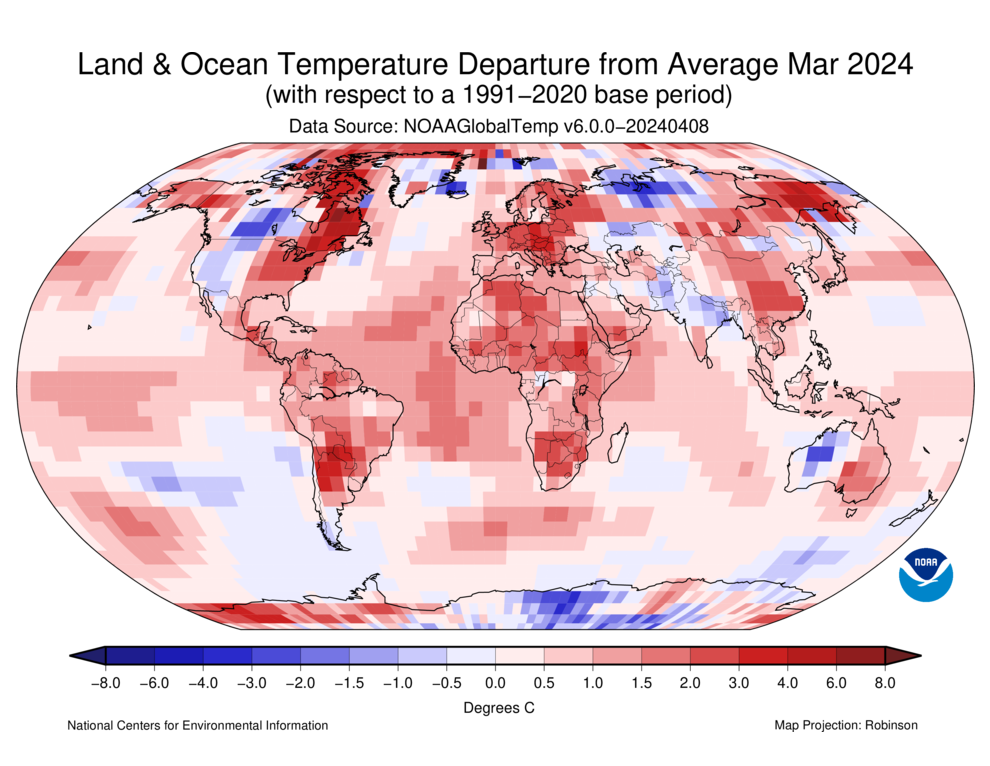 Map of the world showing land/ocean temperature departures from average for March 2024 with warmer areas in gradients of red and cooler areas in gradients of blue.