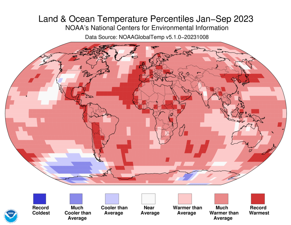 Map of the world showing land/ocean temperature percentiles for January–September 2023 with warmer areas in gradients of red and cooler areas in gradients of blue.