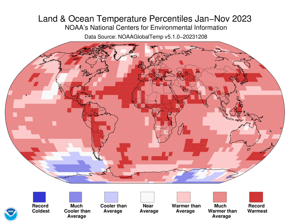 Map of the world showing land/ocean temperature percentiles for January–November 2023 with warmer areas in gradients of red and cooler areas in gradients of blue.