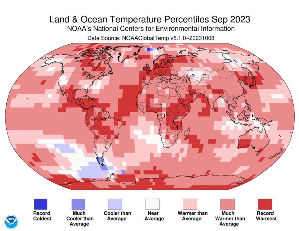 Map of the world showing land/ocean temperature percentiles for September 2023 with warmer areas in gradients of red and cooler areas in gradients of blue.