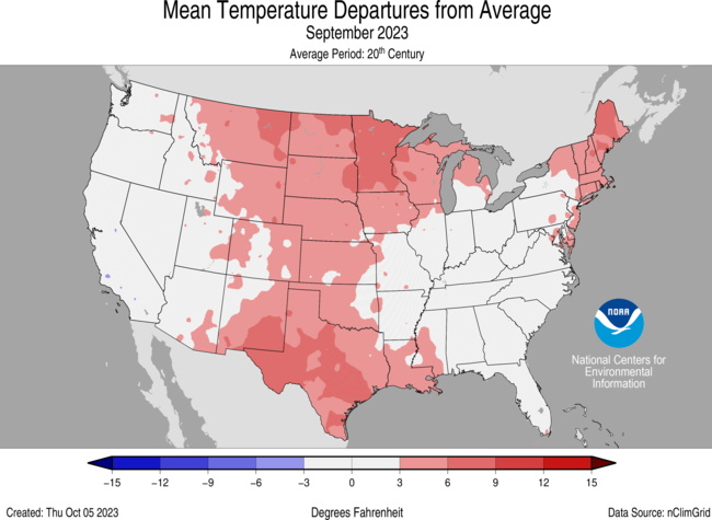 Alt text: Map of the U.S. showing mean temperature departures from average for September 2023 with warmer areas in gradients of red and cooler areas in gradients of blue.