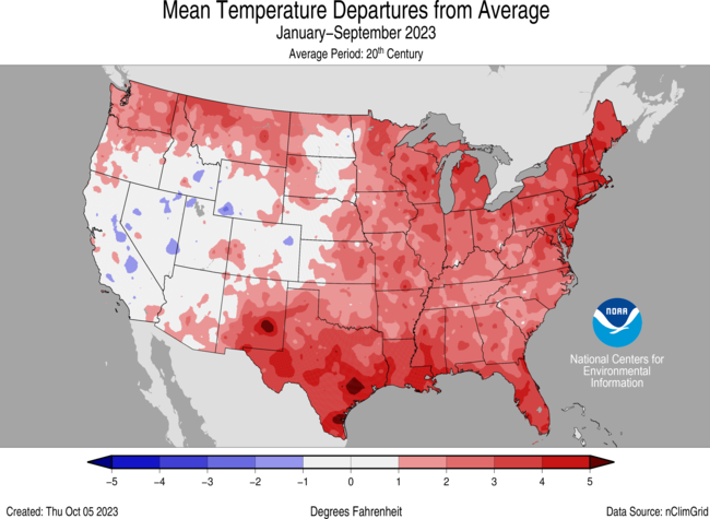 Alt text: Map of the U.S. showing mean temperature departures from average for January–September 2023 with warmer areas in gradients of red and cooler areas in gradients of blue.