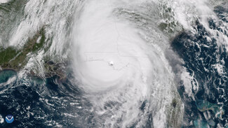 Satellite image of Hurricane Michael making landfall near Mexico Beach, Florida.