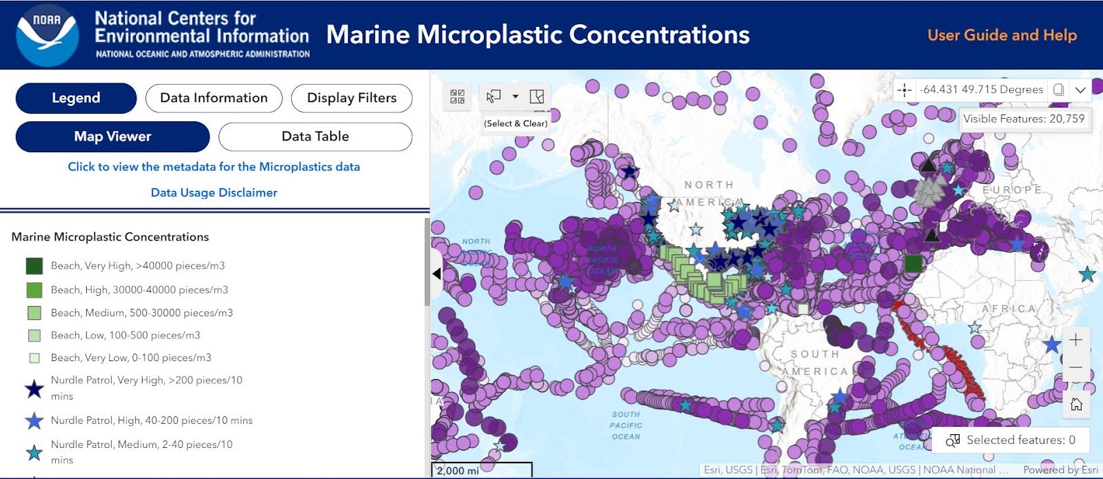 The Marine Microplastics Database map highlights the global distribution of data submitted from contributors around the globe.