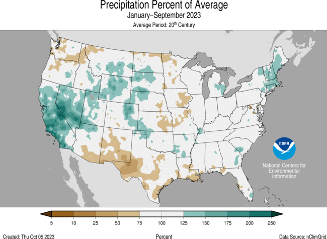 Alt text: Map of the U.S. showing precipitation percent of average for January–September 2023 with wetter areas in gradients of turquoise and drier areas in gradients of brown.