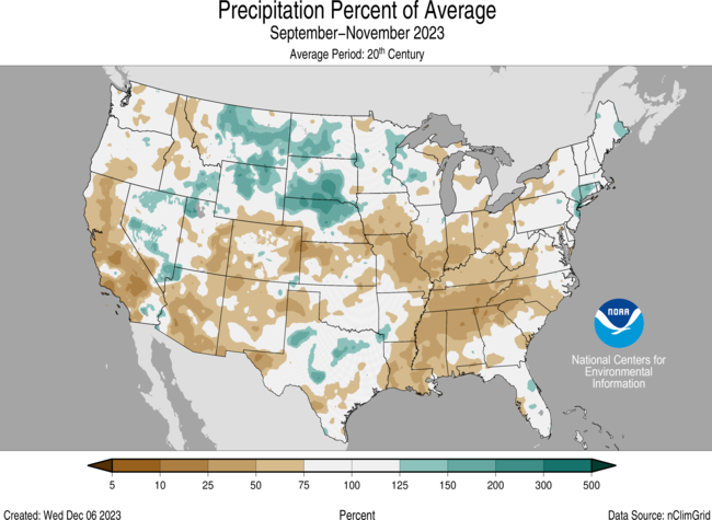 Map of the U.S. showing percent of average precipitation for September–November 2023 with wetter areas in gradients of green and drier areas in gradients of brown.