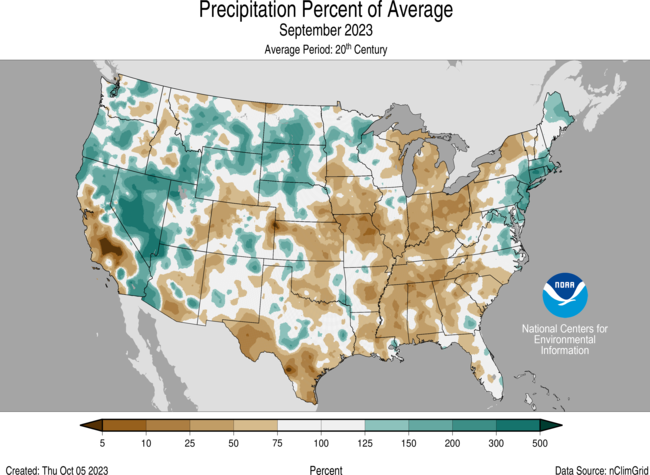 Alt text: Map of the U.S. showing precipitation percent of average for September 2023 with wetter areas in gradients of turquoise and drier areas in gradients of brown.