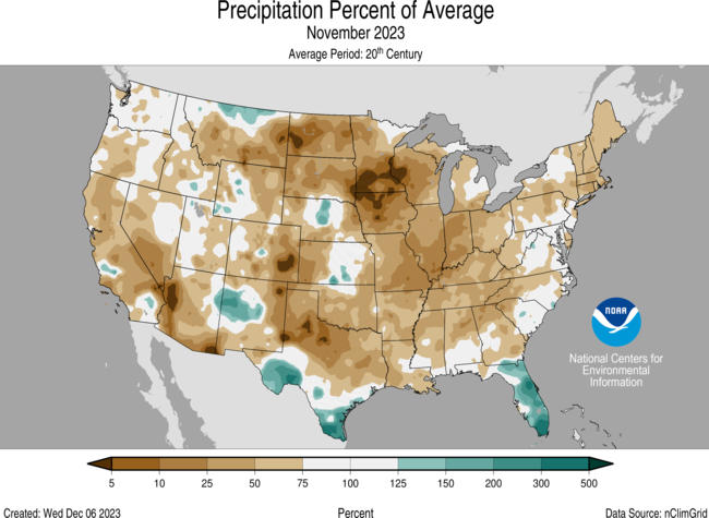 Map of the U.S. showing percent of average precipitation for November 2023 with wetter areas in gradients of green and drier areas in gradients of brown.
