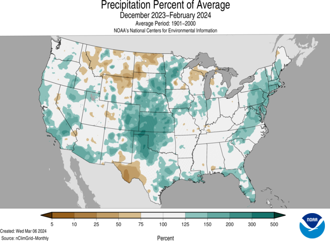Map of the U.S. showing precipitation percent of normal for December 2023 through February 2024 with wetter areas in gradients of green and drier areas in gradients of brown.