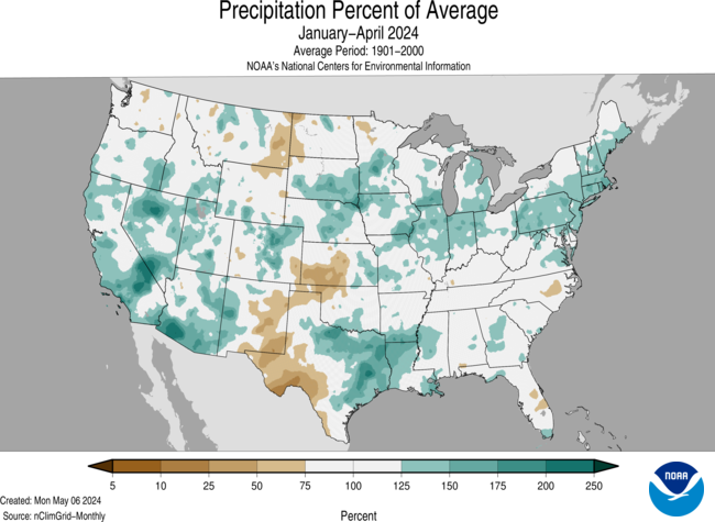 Map of the United States depicting Precipitation Percent of Average from January-April 2024.