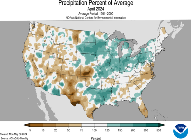 Map of the United States depicting Precipitation Percent of Average for April 2024.