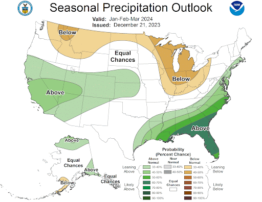 Map of the United States showing the Seasonal Precipitation Outlook from January-March 2024. 