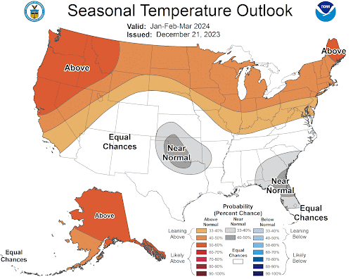Map of the United States showing the Seasonal Temperature Outlook for January-March 2024. 