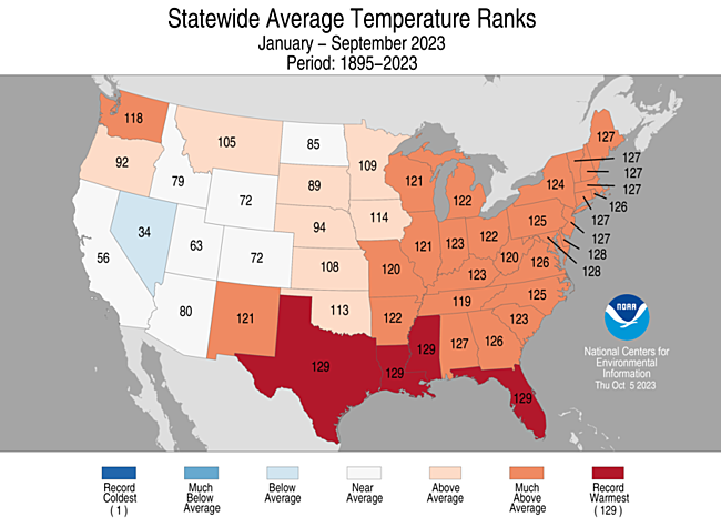 Alt text: Map of the U.S. showing statewide average temperature ranks for January–September 2023 with warmer areas in gradients of red and cooler areas in gradients of blue.