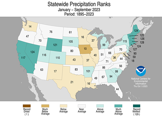 Alt text: Map of the U.S. showing statewide precipitation ranks for January–September 2023 with wetter areas in gradients of turquoise and drier areas in gradients of brown.