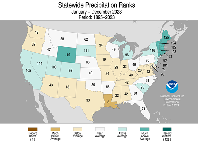 Map of the U.S. showing statewide precipitation ranks for 2023 in shades of green (wetter) and brown (drier).