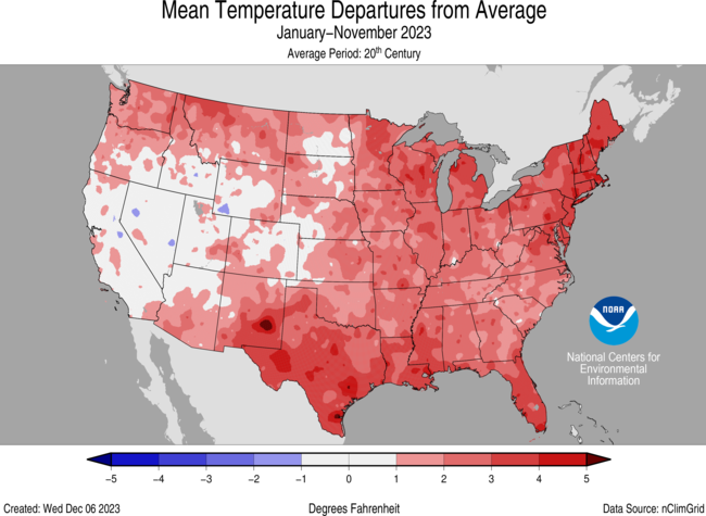 Map of the U.S. showing temperature departure from average for January-November 2023 with warmer areas in gradients of red and cooler areas in gradients of blue.