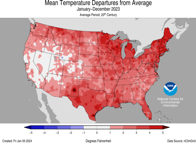 Map of the U.S. showing temperature departure from average for the Annual 2023 with warmer areas in gradients of red and cooler areas in gradients of blue.