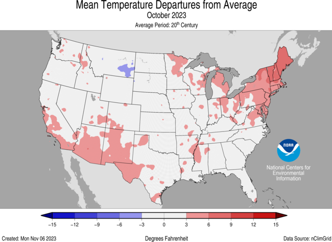 Map of the U.S. showing temperature departure from average for October 2023 with warmer areas in gradients of red and cooler areas in gradients of blue.